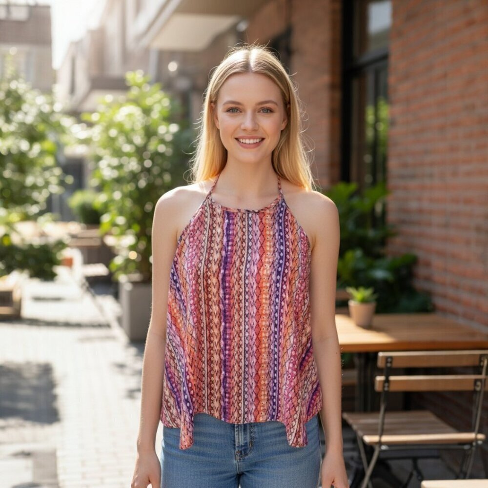 Paper Crane Multicolor Boho Halter Tank Top – Women’s Size L Festival Blouse